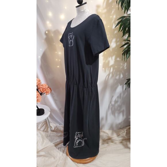 Vtg 90s Studio Ease Kitty Cat Short Sleeve Maxi Dress Size XL Black White Cotton - Picture 2 of 8